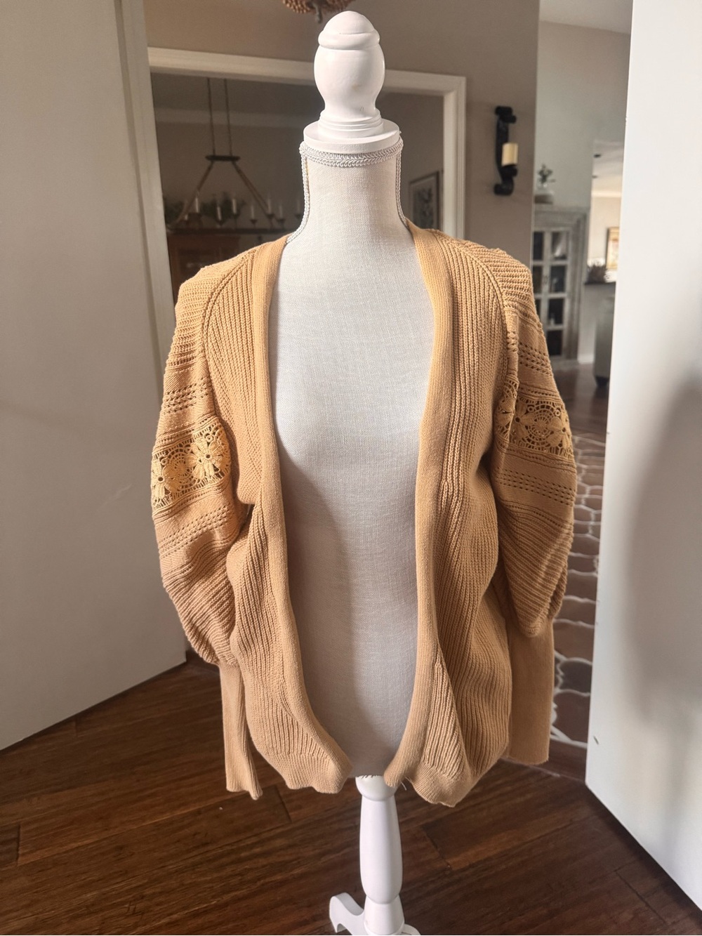 Express Open Crochet-Sleeve Cardigan - Camel